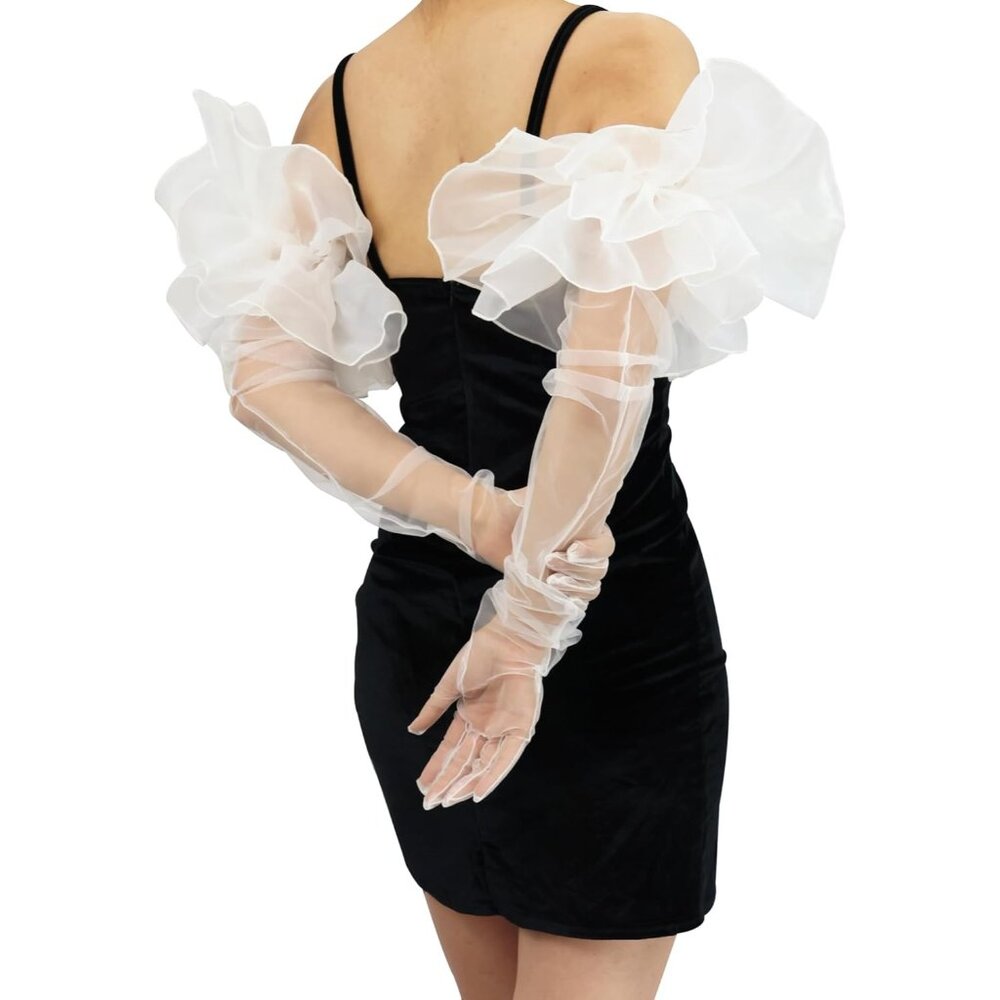Women's Ruffle Red Tulle Puff Mesh Sheer Long Sleeve Gloves Cocktail Prom - Picture 4 of 6